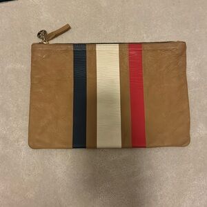 Clare V clutch - brown tan with red white and blue stripe